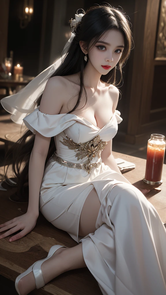 ((Large floor、Girl lying on a marble table))、(One Girl)、iridescent heterochromatic pupils、Silver Haired Girl、Free high resolution、Off-the-shoulder semi-transparent pure white dress、fairy,dress,fairy dress, ((Bare shoulders)), ((Full breasts)), ((The skirt is short)), ((sexy legs)), ((whole body)), Practical, Fashion girl, Red lips, Mature women, Exquisite makeup, big eyes, beautiful, (best quality, masterpiece:1.2), Ultra Detailed, (Practical:1.37), ((Random scenes, Random shooting angles)), ((Sexy long legs)), Young and energetic, Charming model, (Delicateeyes, Delicate lips), Show a bright smile, Create stunning girl images, warm color, Very high color saturation, Official Art, Extremely detailed CG, Unity 8K Wallpaper, (High Dynamic Range :1.4), (Movie atmosphere),(Soft colors), (Natural skin texture, ultra-Practical, Soft Light, sharp),(Very detailed), night, moonlight