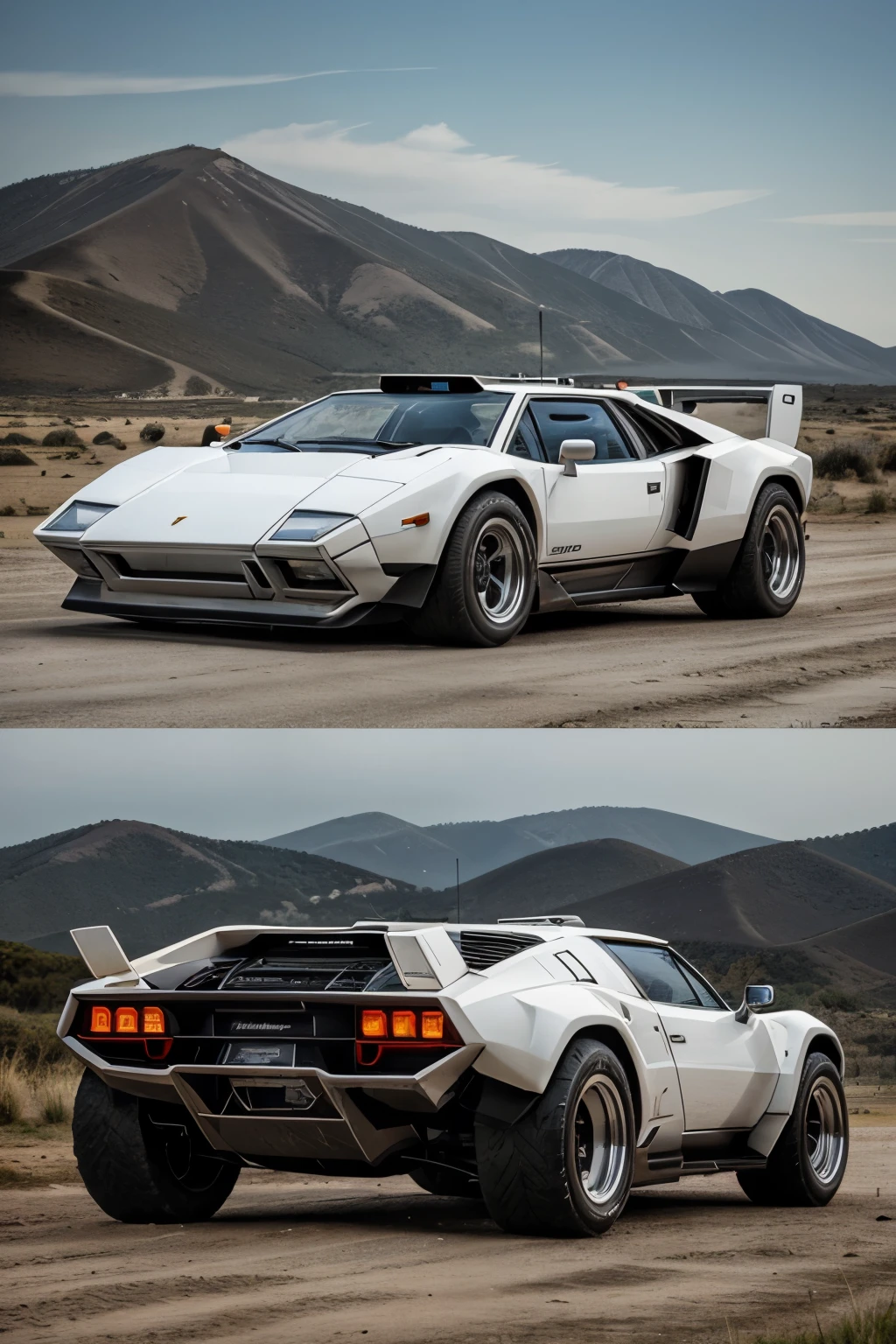 Draw a White Off-road Lamborghini Countach in 3 frames:
1. Front view: The white Off-road Lamborghini Countach is majestically positioned, showcasing its iconic angular design. The large, angular headlights gleam under the sunlight, coordinating with the white exterior. The grille, in a contrasting black hue, adds an element of sophistication. The front bumper, enhanced with off-road features, further emphasizes its rugged appeal. The vehicle's signature vertical air intakes and high ground clearance are prominently displayed.
2. Side view: From the side, the White Off-road Lamborghini Countach