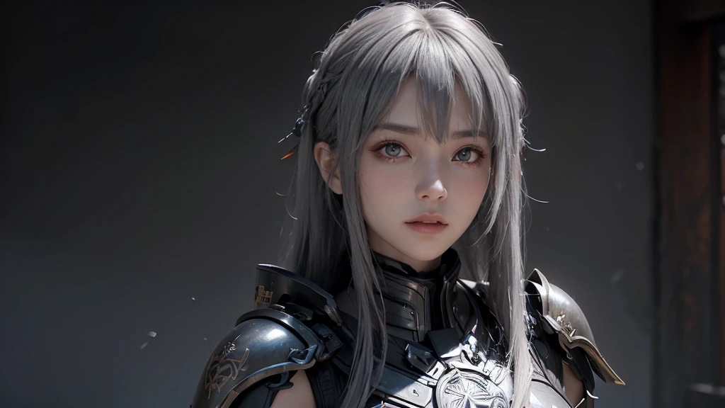 masterpiece,Game Art,Best picture quality,Maximum resolution,8K,(portrait),Unreal Engine 5 rendering works,(Digital Photography),((portrait Feature:1.5)),
20 year old girl,Short hair details,Long bangs,(The red eye makeup is carefully applied),(With long gray hair:1.4),(Large target, Full breasts),Elegance and nobility,Brave and charming,
(The future armor combines the characteristics of Chinese armor,hollow-carved design,Power Armor,Mysterious oriental runes,Exquisite clothing patterns,Magic Flash),Future Warrior,Cyberpunk Characters,War Background,
light,Ray Tracing,Game CG,((3D Unreal Engine)),OC rendering reflection mode