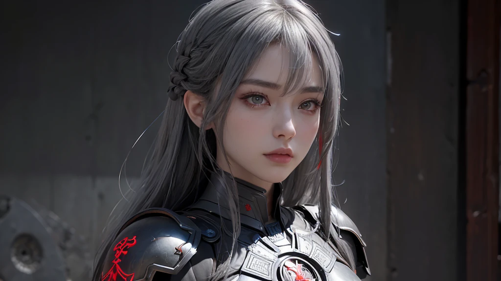 masterpiece,Game Art,Best picture quality,Maximum resolution,8K,(portrait),Unreal Engine 5 rendering works,(Digital Photography),((portrait Feature:1.5)),
20 year old girl,Short hair details,Long bangs,(The red eye makeup is carefully applied),(With long gray hair:1.4),(Large target, Full breasts),Elegance and nobility,Brave and charming,
(The future armor combines the characteristics of Chinese armor,hollow-carved design,Power Armor,Mysterious oriental runes,Exquisite clothing patterns,Magic Flash),Future Warrior,Cyberpunk Characters,War Background,
light,Ray Tracing,Game CG,((3D Unreal Engine)),OC rendering reflection mode