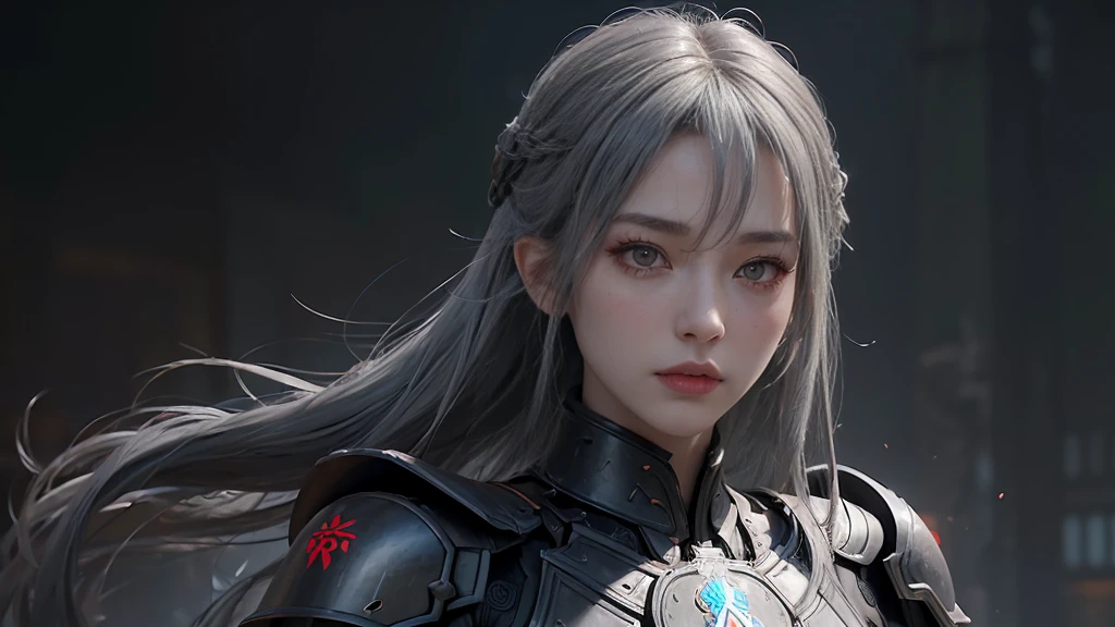 masterpiece,Game Art,Best picture quality,Maximum resolution,8K,(portrait),Unreal Engine 5 rendering works,(Digital Photography),((portrait Feature:1.5)),
20 year old girl,Short hair details,Long bangs,(The red eye makeup is carefully applied),(With long gray hair:1.4),(Large target, Full ),Elegance and nobility,Brave and charming,
(The future armor combines the characteristics of Chinese armor,hollow-carved design,Power Armor,Mysterious oriental runes,Exquisite clothing patterns,Magic Flash),Future Warrior,Cyberpunk Characters,War Background,
light,Ray Tracing,Game CG,((3D Unreal Engine)),OC rendering reflection mode