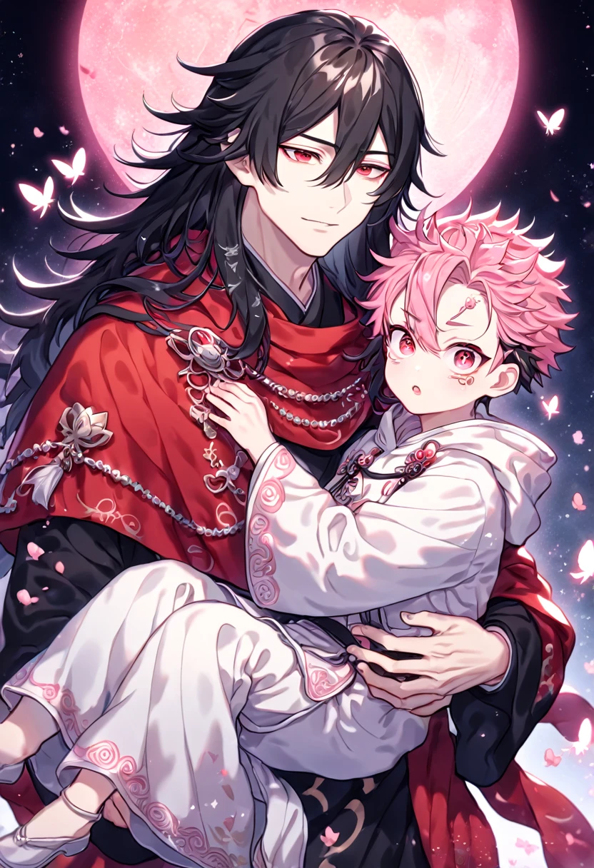 absurdres, highres, ultra detailed, HDR, master piece, best quality, extremely detailed face, delicated features, Xue Yu, untamed spiky hair, black hair, long hair, hair between the eyes, expressive red eyes, Thousand Years War, Ryoumen Sukuna as a kid, pink hair, messy hair, expressive red eyes, handsome man carrying a cute boy, gay couple, yaoi, black cape, red robes, white robes, accessories, patterns, fantasy, magical, radiant, pink butterflies, pink flowers, night sky, shinning pink moon, blossoms, Jujutsu Kaisen