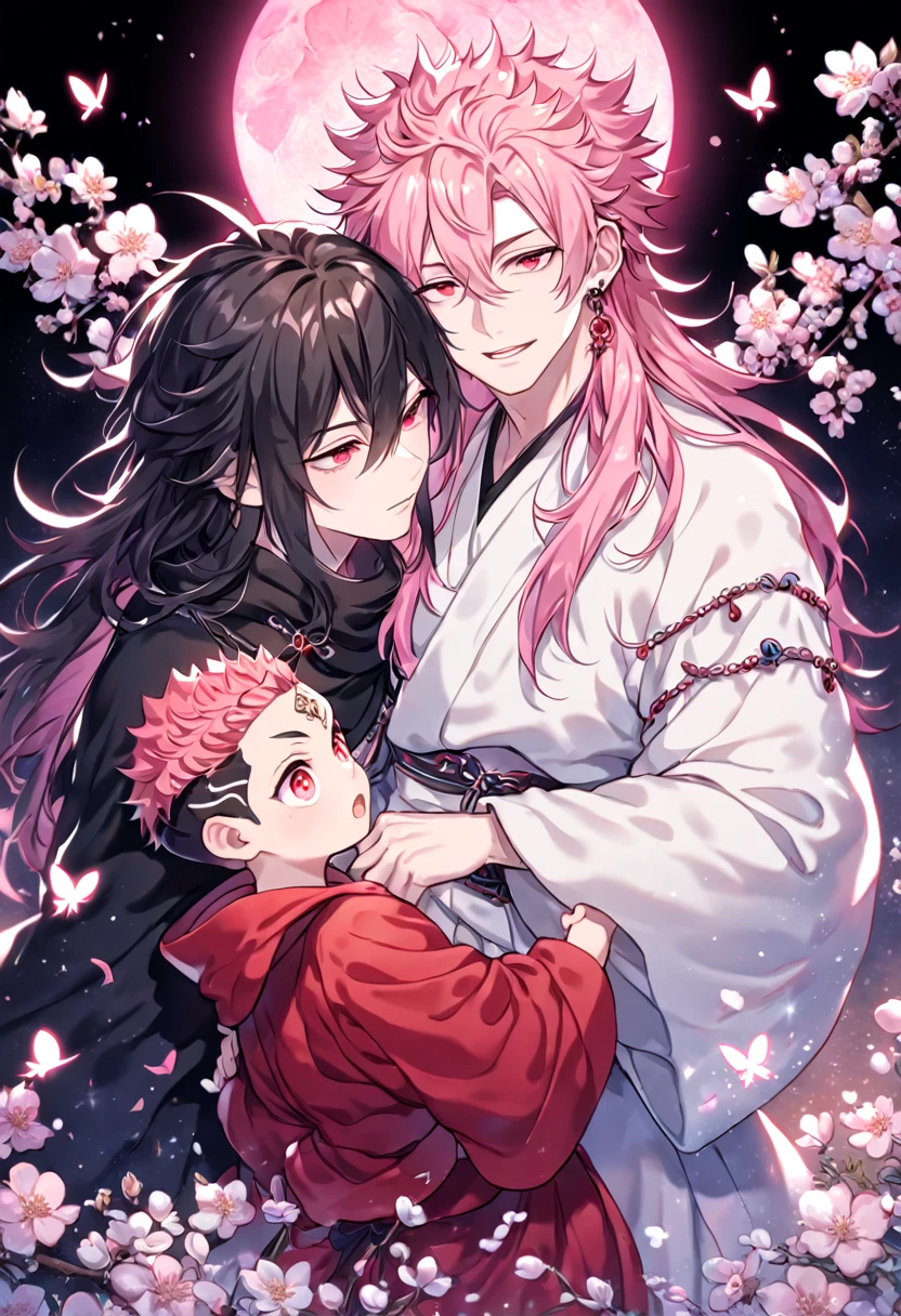 absurdres, highres, ultra detailed, HDR, master piece, best quality, extremely detailed face, delicated features, Xue Yu, untamed spiky hair, black hair, long hair, hair between the eyes, expressive red eyes, Thousand Years War, Ryoumen Sukuna as a ???, pink hair, messy hair, expressive red eyes, handsome man carrying a cute boy, gay couple, yaoi, black cape, red robes, white robes, accessories, patterns, fantasy, magical, radiant, pink butterflies, pink flowers, night sky, shinning pink moon, blossoms, Jujutsu Kaisen