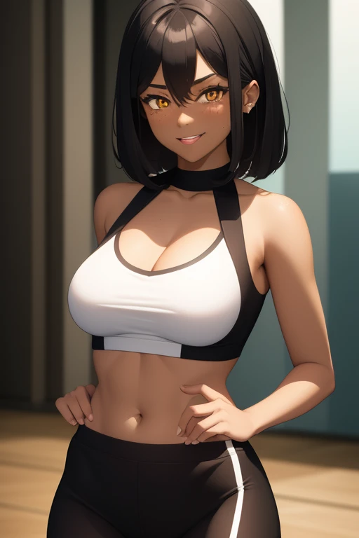 ((work of art, Best quality)), frontal lighting, (1 woman ager), (Alone), (female focus), (standing: 1.3), (looking ahead: 1.3), frontal camera, defined body, running uniform, leggings, black hair, short hair, brown eyes, freckles, (dark skin: 1.3), mulatto, (very wide shot: 1.5), streaked hair, black hair, curly hair, hair behind ear, yellow eyes , sparkling pupils, light smile, grin, serious, seductive smile, depth of field, reflection light, macro photo, masterpiece, anatomically correct, high quality, best quality