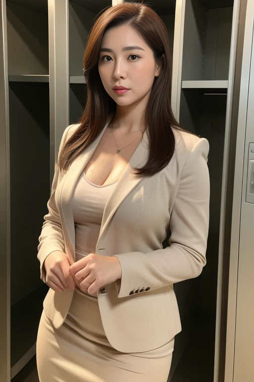 ((Top Quality, 8k, Masterpiece: 1.3, photorealistic)), (close up:1), Milf and attractive woman, business wear, curvy:0.5, serious, nobody locker room,