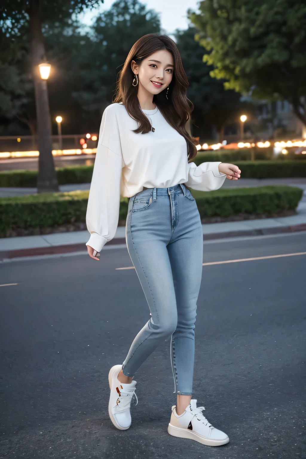 Simple casual style、Full body photo、Standing woman、Long sleeve blouse、Skinny jeans、sneakers、Light brown hair、smile、Ear piercing、Background is a park at night