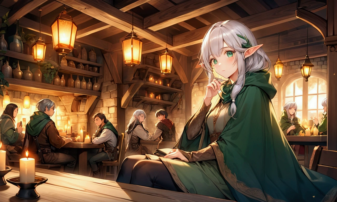 I will create a digital illustration of a beautiful elf sitting in a medieval tavern。Elves have silver hair、Has emerald eyes、Wearing a green cloak。There are other customers in the background.、Draw a cozy and warm scene。The lighting should be soft and golden.., Lantern, Candles, wait..。The art style is detailed、Similar to Fantasy Art.、Delicate and delicate line drawings、Draw a face, hand, Move your toes precisely.。whole, Transparent.、Create a great atmosphere。Focus on an attractive and engaging environment。