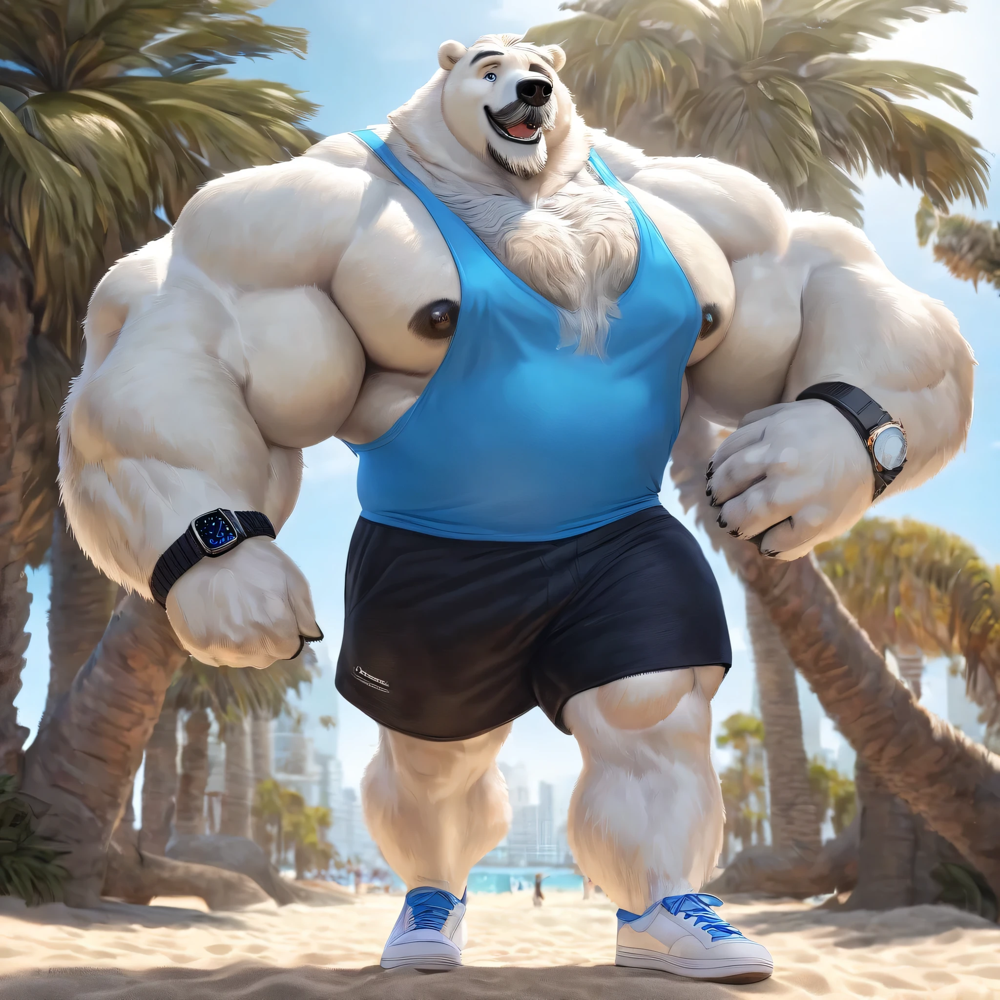 huge muscular polar bear in L.A. beach, big smile, polar bear, huge white fur, thick arm, huge arm, mustache, bearded. white hair and beard, bearded, (huge muscular, huge pectoral, wide pectoral, huge thick arms), correct anatomy, beach, palm, realistic, 8k, masterpiece, added grayish eyebrows, deatiled eyes with blue pupils, (wearing black shorts, wristband, watch, blue tank top and white shoes), rumbling his chest like a drum