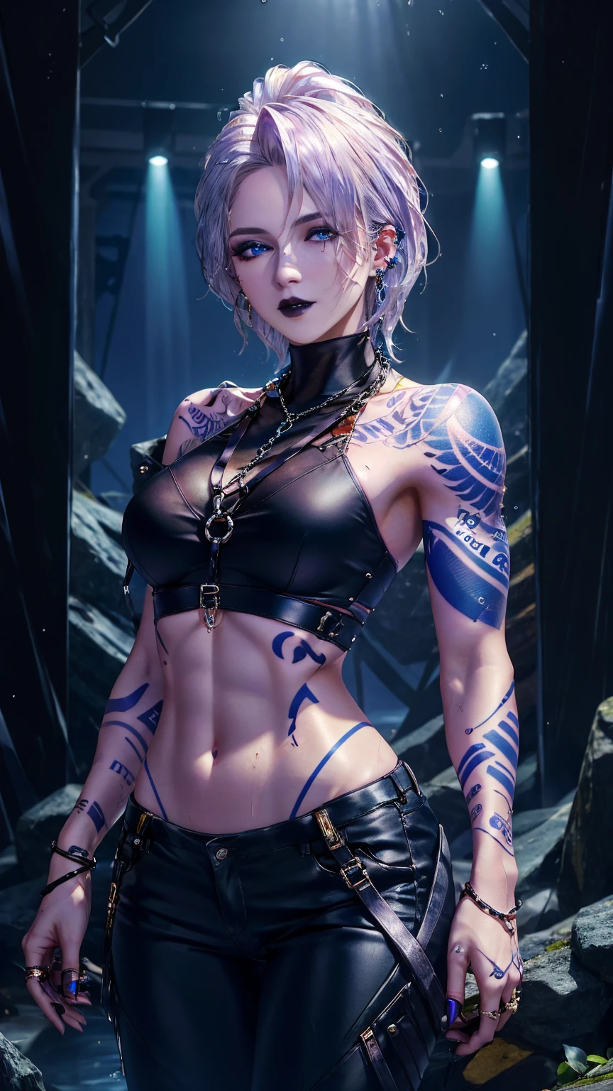 Zoya, perfect lighting, extremely detailed CG, 1girl, breasts, earrings, jewelry, makeup, medium breasts, necklace, shorthair, solo, bright blue tattoo, arm tattoo, silver hair, wet, standing, pants, crop top,((masterpiece:1.2, best quality, high resolution, distinct image)), Zoya from path to nowhere, muscular female, sharp eye, bright blue tattoo, perfect lighting, big breasts, bright white hair, black lips