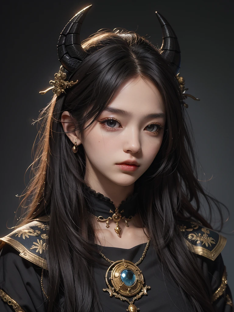 ((highest quality)), ((masterpiece)), (be familiar with), perfect face、black dragon'horned head、light blue robe、woman、light purple hair、long hair side parted、straight hair、inside the castle、clear eyes、yellow eyes、With a big magic wand、headdress on the forehead、pointy ears、castle with windows、sunlight、whole body