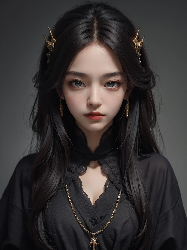 ((highest quality)), ((masterpiece)), (be familiar with), perfect face、black dragon&#39;horned head、light blue robe、woman、light purple hair、long hair side parted、straight hair、inside the castle、clear eyes、yellow eyes、With a big magic wand、headdress on the forehead、pointy ears、castle with windows、sunlight、whole body
