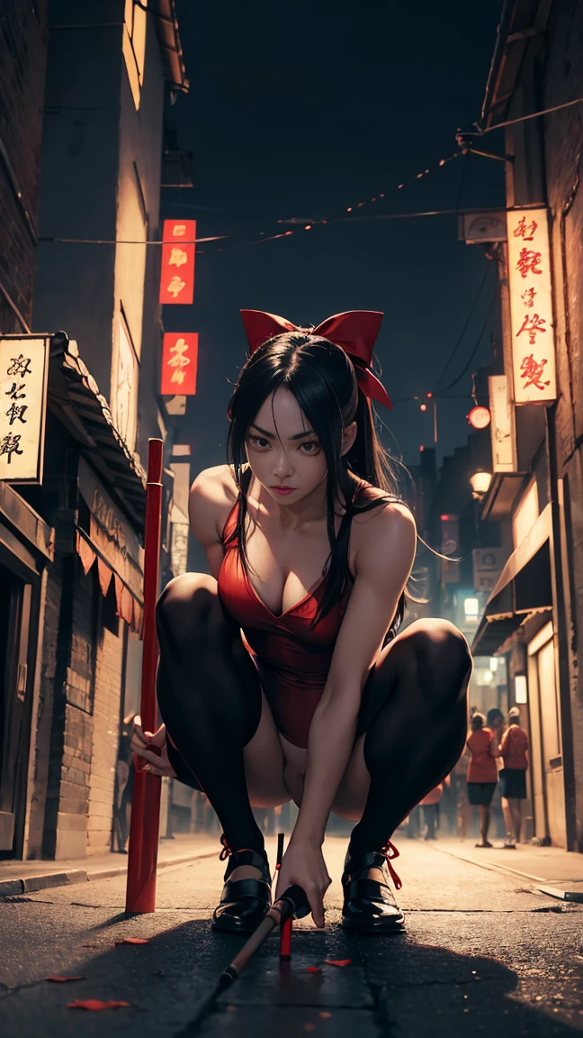 Acrobatic Sarasara, urban legend yokai, tall woman, red dress, long black hair, no eyeballs, crouching and curiously poking at folded rhythmic gymnastics leotard, ribbon, and baton on a street. Night scene, city background, surreal, detailed, eerie lighting, photorealistic style.