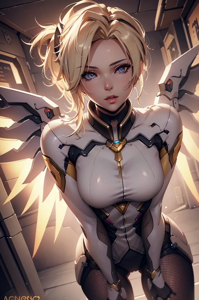 Mercy overwatch, squating, pantyhose, sexy, beautiful detailed eyes, beautiful detailed lips, extremely detailed face, long eyelashes, intricate detailed clothing, dynamic pose, photorealistic, 4k, hyper detailed, cinematic lighting, dramatic colors, epic sci-fi, cinematic composition, pussy