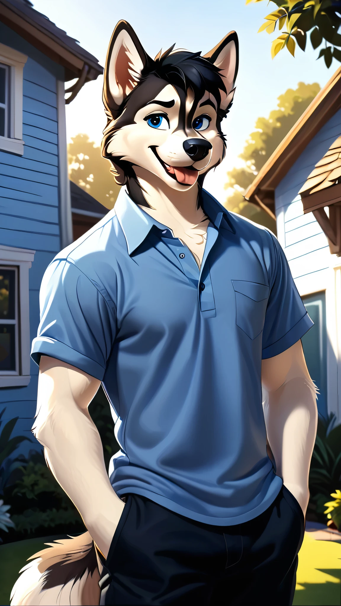 Sexy posing, 30 years old, detailed illustration, dynamic angle, ultra-detailed, illustration, 1boy, light blue shirt, Husky, dogkin, blue eyes, standing, disney style, lip biting smile, cartoon, bedroom eyes, short black hair, front yard background, long husky tail, cute, seductive