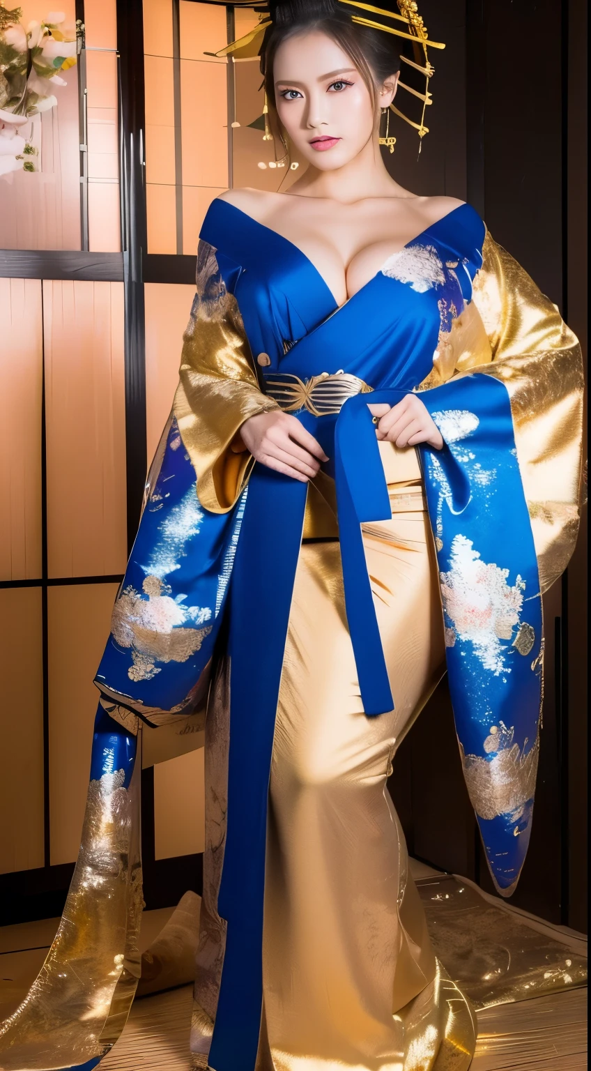 ((masterpiece(:1.4)，Highest quality，Ultra-high resolution，Highest quality，8k，Extremely detailed，In detail))。night，Japanese，(A beautiful woman)，glossy，slim，Large Breasts(1.6)，sexy，glamorous，((Golden Ratio Style，Perfect Style))，Narrow waist，Flashy gal makeup，Japanese garden，Oiran，Prostitute，Sunny day outfit，Uchikake，Gold brocade，((A gorgeous kimono))，A cutting board belt tied in front，Hair tying，hairpin，hair ornaments，Gorgeous costumes，Beautiful standing posture，Presence，Exude sex appeal，looking at the camera，Show off your style，Big Breasts，