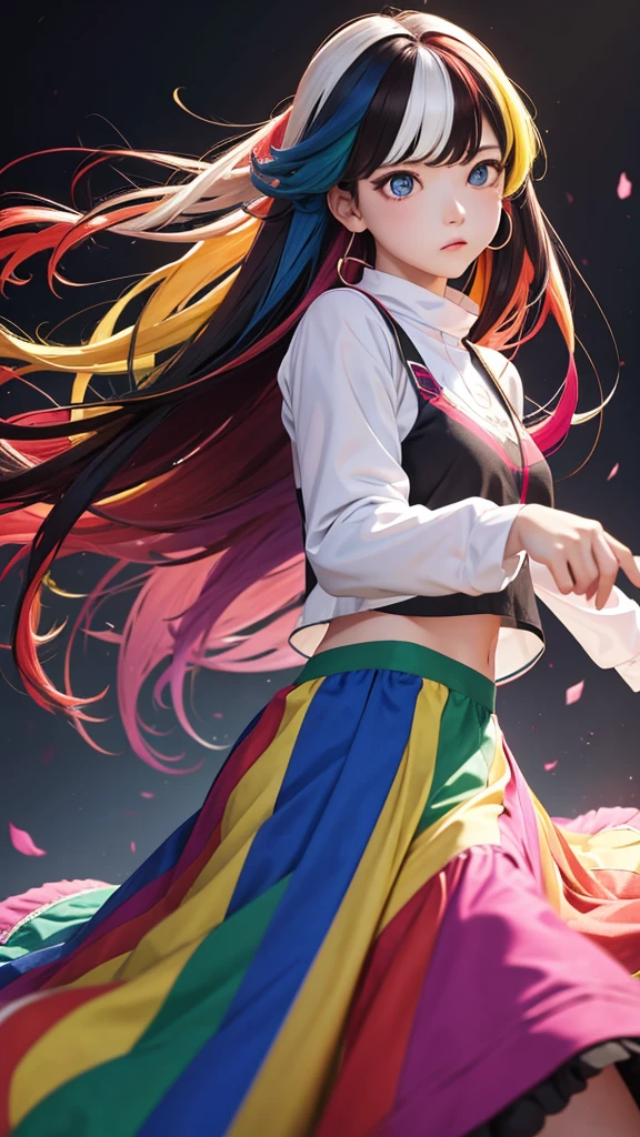 1girl, multicolored hair, multicolored clothes, multicolored eyes, expressionless, expressive clothes, expressive hair, dancing