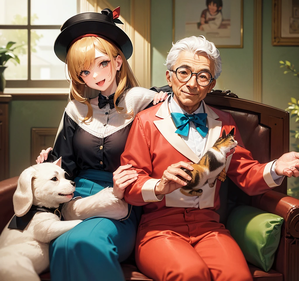 masterpiece, Highest quality,8k,"A heartwarming, comical scene featuring several elderly people relaxing together in a cozy living room. The elderly individuals are dressed in colorful pajamas and distinctive hats, with cheerful smiles on their faces. The room is furnished with large, comfortable sofas and armchairs, where cute animals are lounging alongside them. For instance, a dog is perched on one elderly person's lap, while a cat is playfully sitting on another's shoulder. The animals are adorned with whimsical accessories, such as tiny bow ties or hats. The background is decorated with fun artwork and quirky items, creating a bright and joyful atmosphere."