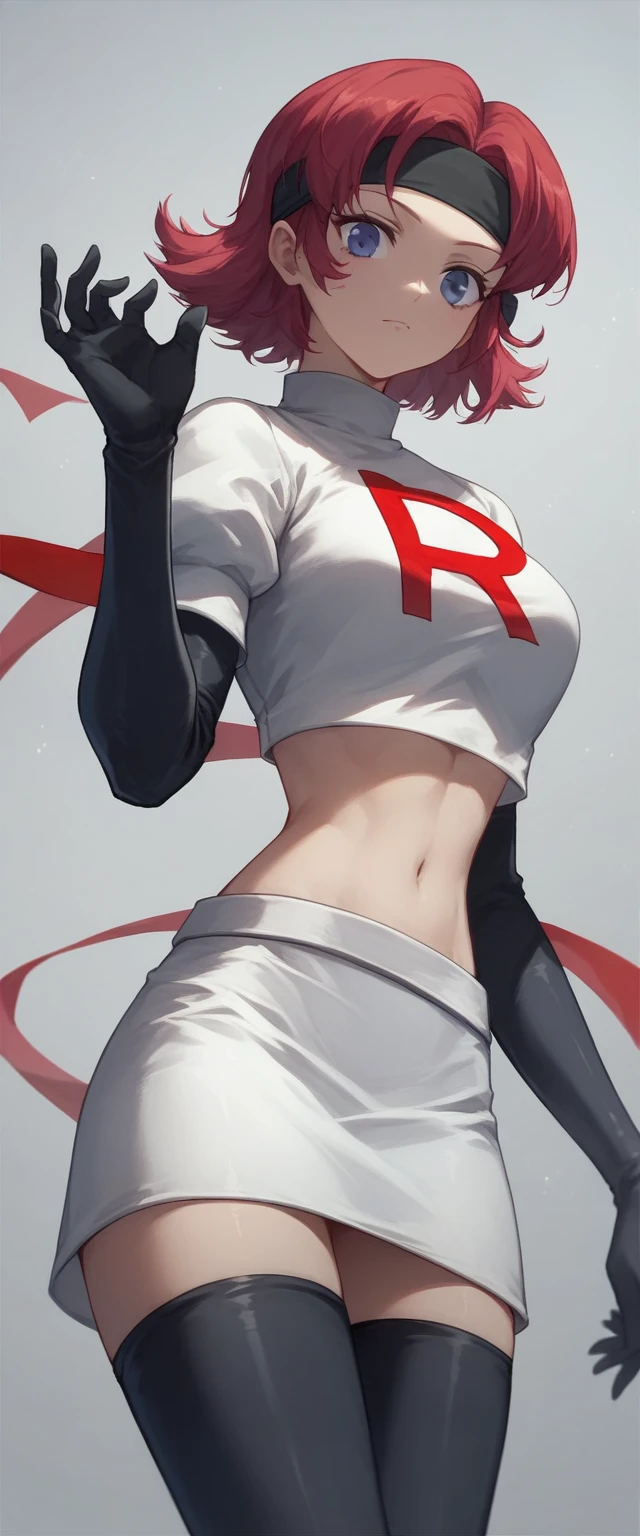 (masterpiece, best quality:1.2), solo, 1girl, Tomori Nao, looking at viewer, headband, team rocket,team rocket uniform,white skirt,red letter R,crop top,black thigh-highs,black elbow gloves