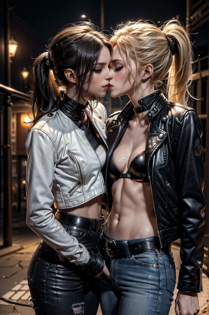 (Detailed illustrations, Very detailed and detailed drawing, Delicate lines with slow and rapid, Realistic texture expression), Two women with long blond or ginger hair, ponytail or messy hair, (((passionate kissing))), kiss, (((eyes closed))), (((closed eyes))), erotic, (((one girl is touching the other sensually and grabbing her crotch))), ((intimate)), ((hand in pants)), ((fingering navel)), ((empty street playground background with graffiti)), (((night time, street light))), standing in the street, (((very skinny figure, very thin waist, very narrow hips, very slim legs, large breast, athletic body))), punk, ((white bra)), exposed midriff, (((high waist jeans))), ((navel piercing)), strong abs, ((black collars)), ((((small open leather jacket)))), ((black or brown leather belt))