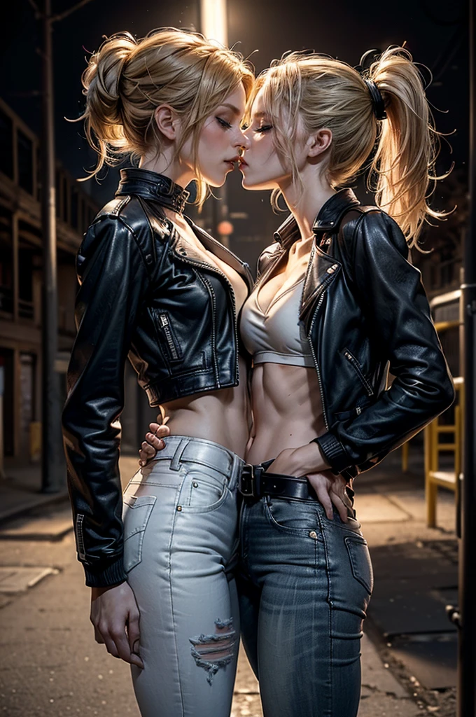 (Detailed illustrations, Very detailed and detailed drawing, Delicate lines with slow and rapid, Realistic texture expression), Two women with long blond or ginger hair, ponytail or messy hair, (((passionate kissing))), kiss, (((eyes closed))), (((closed eyes))), erotic, (((one girl is touching the other sensually and grabbing her crotch))), ((intimate)), ((hand in pants)), ((fingering navel)), ((empty street playground background with graffiti)), (((night time, street light))), standing in the street, (((very skinny figure, very thin waist, very narrow hips, very slim legs, large breast, athletic body))), punk, ((white bra)), exposed midriff, (((high waist jeans))), ((navel piercing)), strong abs, ((black collars)), ((((small open leather jacket)))), ((black or brown leather belt))