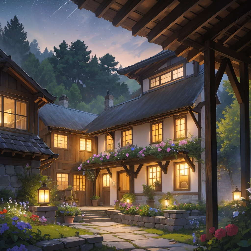 a charming house nestled in the countryside, set against a backdrop of rolling hills and lush greenery. The house is a cozy, stone cottage with a thatched roof, surrounded by a well-tended garden full of colorful flowers and a vegetable patch. At night, the scene is illuminated by the soft glow of lanterns hanging from the eaves, casting a warm and inviting light. Inside, the home features rustic, yet comfortable furnishings: a large stone fireplace crackles with a comforting fire, wooden beams line the ceiling, and antique furniture adds character. Through the windows, the serene countryside is visible, with fields stretching out under a starlit sky and the occasional glow of distant farmhouses. The atmosphere is peaceful and tranquil, providing a perfect escape from the hustle and bustle of modern life.