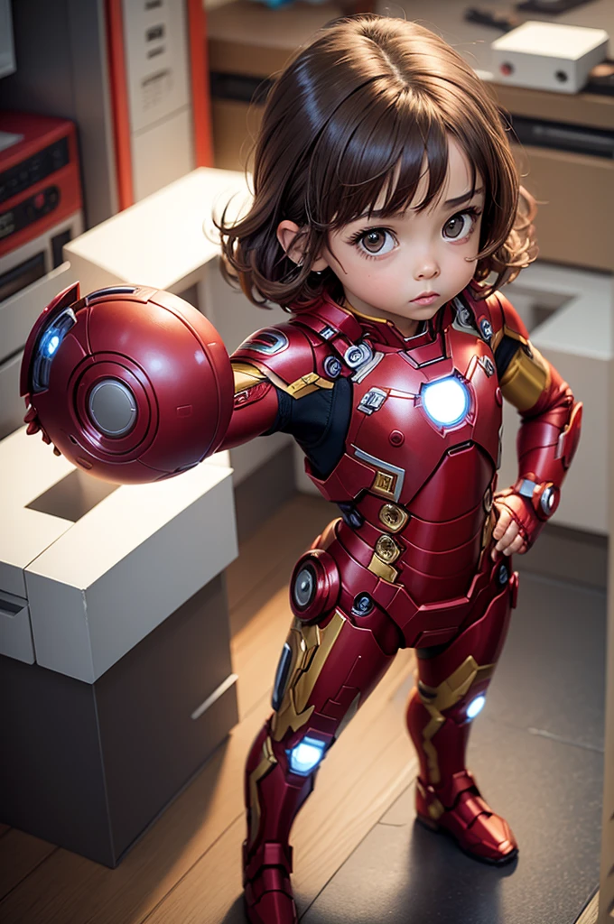 little man　girl　Iron Man Costume　In flight　building, standing, hand on hip, (idle), full body