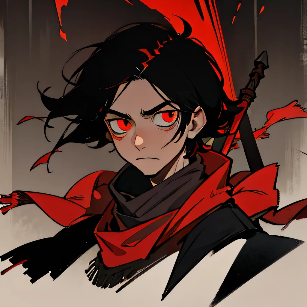 Messy black hair, red glowing eyes, blood coated scarf, jagged spear, male, 20 years old, portrait, bored face