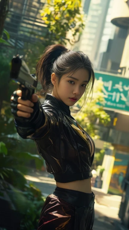 Woman in leather holding a gun in the city, iu lee ji-eun in the role of supervillain, By Zhang Han, cinema. By Lengjun, By Yang J, Artwork in the style of gouache, Wojtek Fuss, German Bokeh Art 8k, cyberpunk 2 0 years. Oh, young model., Ross Tran 8 g