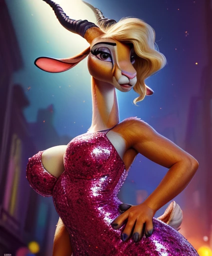 (by pixelsketcher:0.6), (by personalami :0.6), solo, female, gazelle (zootopia), detailed background, (cinematic lighting:1.1), (perfect focus:1.1), 8k hd, photo, (detailed eyes:1.2),depth of field, bokeh, subsurface scattering, wide angle, bright colors, (furry detail:1.3),detailed background,realistic, photorealistic, ultra realistic, Mardi Gras, festival, night time,(short tail),(fluffy:1.3), (realistic fur:1.1), (extreme fur detail:1.2),sexy pose, blonde hair, pink sequined dress, big breasts, full body, wide hips