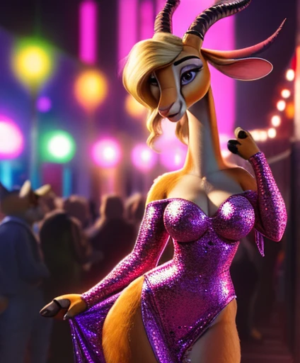 (by pixelsketcher:0.6), (by personalami :0.6), solo, female, gazelle (zootopia), detailed background, (cinematic lighting:1.1), (perfect focus:1.1), 8k hd, photo, (detailed eyes:1.2),depth of field, bokeh, subsurface scattering, wide angle, bright colors, (furry detail:1.3),detailed background,realistic, photorealistic, ultra realistic, Mardi Gras, festival, night time,(short tail),(fluffy:1.3), (realistic fur:1.1), (extreme fur detail:1.2),sexy pose, blonde hair, pink sequined dress, big breasts, full body, wide hips