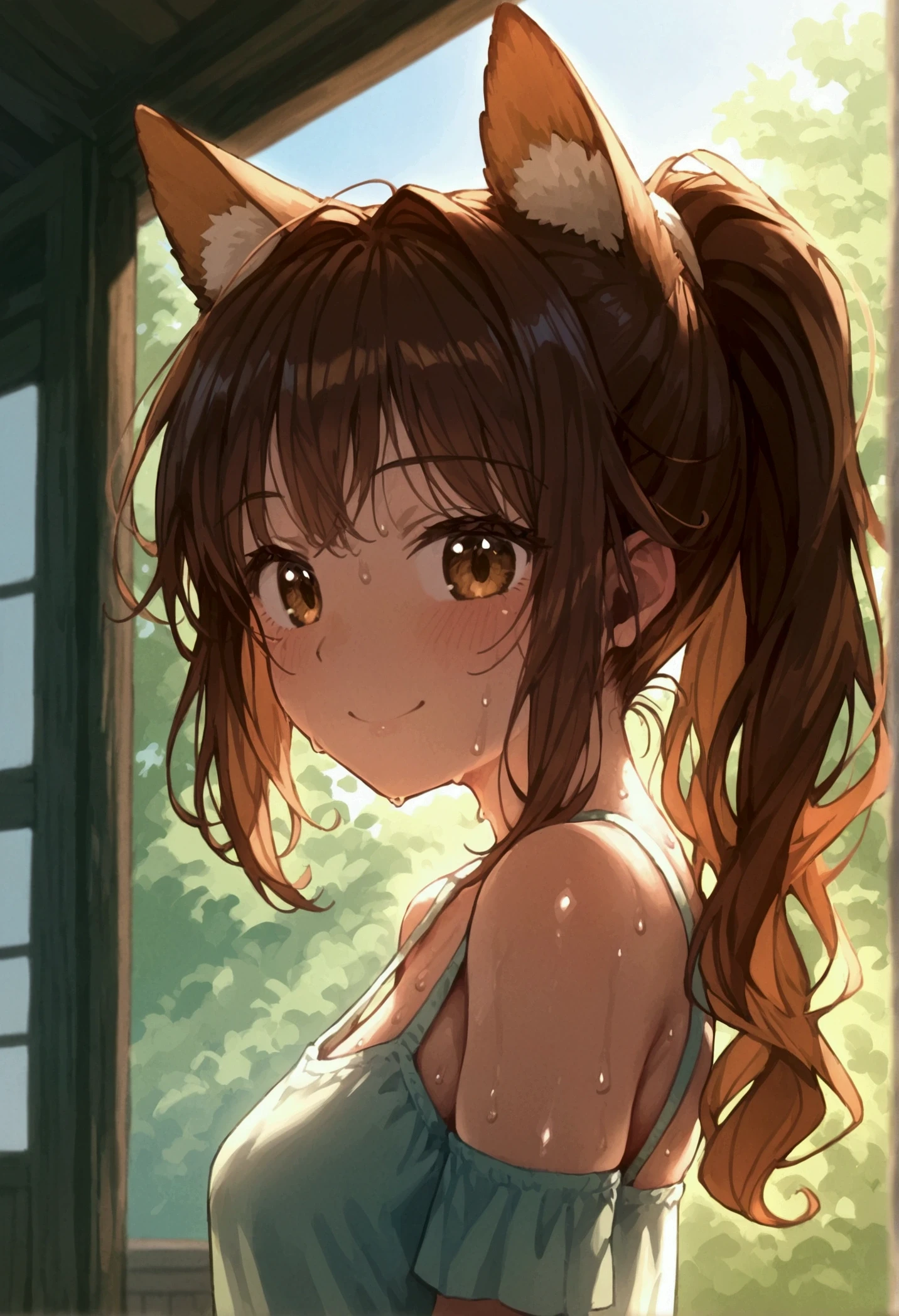 (masterpiece: 1.1, Highest quality: 1.1), ponytail, Brown Hair, smile, Sweat,