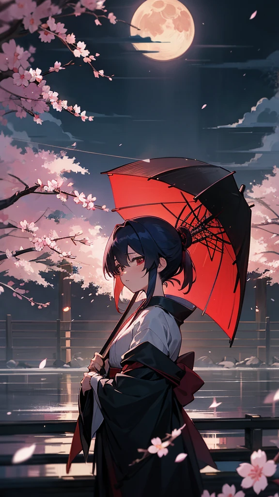 Rurouni Kenshin、Kaoru Kamiya、Black kimono、One shoulder is bare、night、moon、cherry blossoms、Fantasy、Heavy Rain、Kyoto、Pontocho、少女は悲しげにmoonを見上げている、I'm soaked by the rain、revenge、