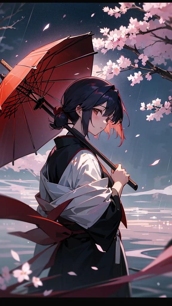 Rurouni Kenshin、Kaoru Kamiya、Black kimono、One shoulder is bare、night、moon、cherry blossoms、Fantasy、Heavy Rain、Kyoto、Pontocho、少女は悲しげにmoonを見上げている、I&#39;m soaked by the rain、revenge、