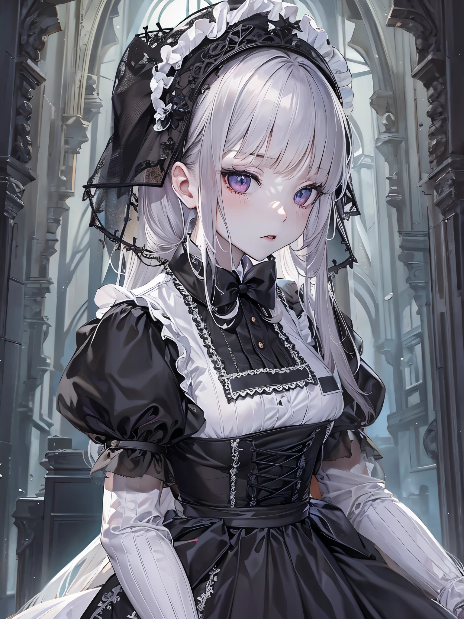 ((Highest quality)),(Ultra-high resolution),(Super detailed),(Detailed Description),((The best CG)),(masterpiece),Highly detailed art,(Art with precise detail:1.5), ((mysterious:1.7)),(Pale Skinned Maid:1.6),(Intricately detailed maid outfits:1.5),(Expressionless:1.5,Condescending Gaze:1.2), (Gothic Horror:1.7)