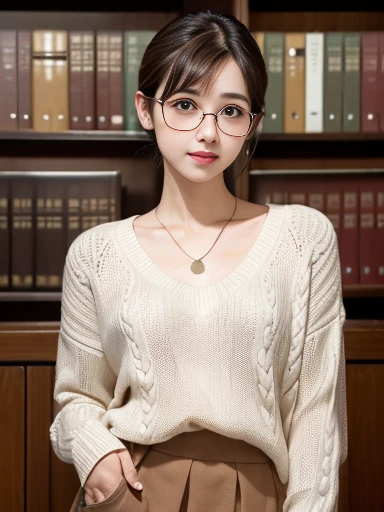 (8k, RAW photo, best quality, masterpiece), (photo realistic), outstanding details, ultra-high resolution, anatomically correct, textured skin, ((Extremely precise and accurate anatomy)),
A cute 28-year-old Japanese woman, librarian arranging books in the library,
(fearless smile),
(Downturned Eyes:1.4), (kind eyes:1.4) , kind Gaze,
(low and small chignon:1.4), (Rimless round glasses), (thin eyebrows:1.4) ,
looking at viewer,
pupils sparkling, thin lips,
dark brown hair, Forehead,
off-white simple summer sweater, simple cotton Light brown flared skirt,
Earrings, Necklace,
(background Spacious library interior, bookshelves),
(backlighting),
reflection light from below,
atmospheric perspective, depth of field,
(dramatic lighting), cinematic lighting,