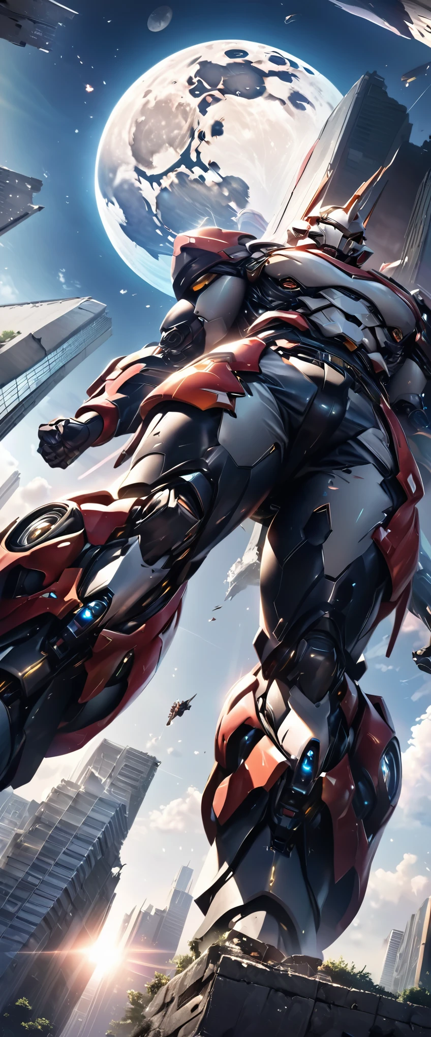 it looks like you're about to be crushed by a giant robot, super low-angle shot, looking up, you see a giant moon in the sky, even the unevenness of its surface looks realistic, background cityscape in ruins, shading effects, gradation magic effects, sunbeam effects, (ultra detailed, absolutely resolution, best quality:1.3), 2.5D, delicate and dynamic, artistic photography, hyper realistic, graphic CG digital art