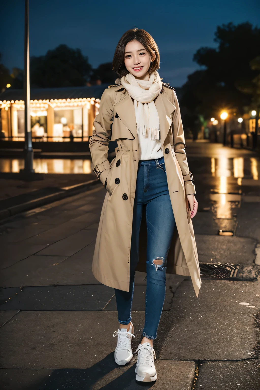 Woman in trench coat with scarf around her neck、Full body photo、Standing woman、Long sleeve blouse、Skinny jeans、sneakers、Light brown hair、Short Haircut、smile、Ear piercing、Background is a park at night