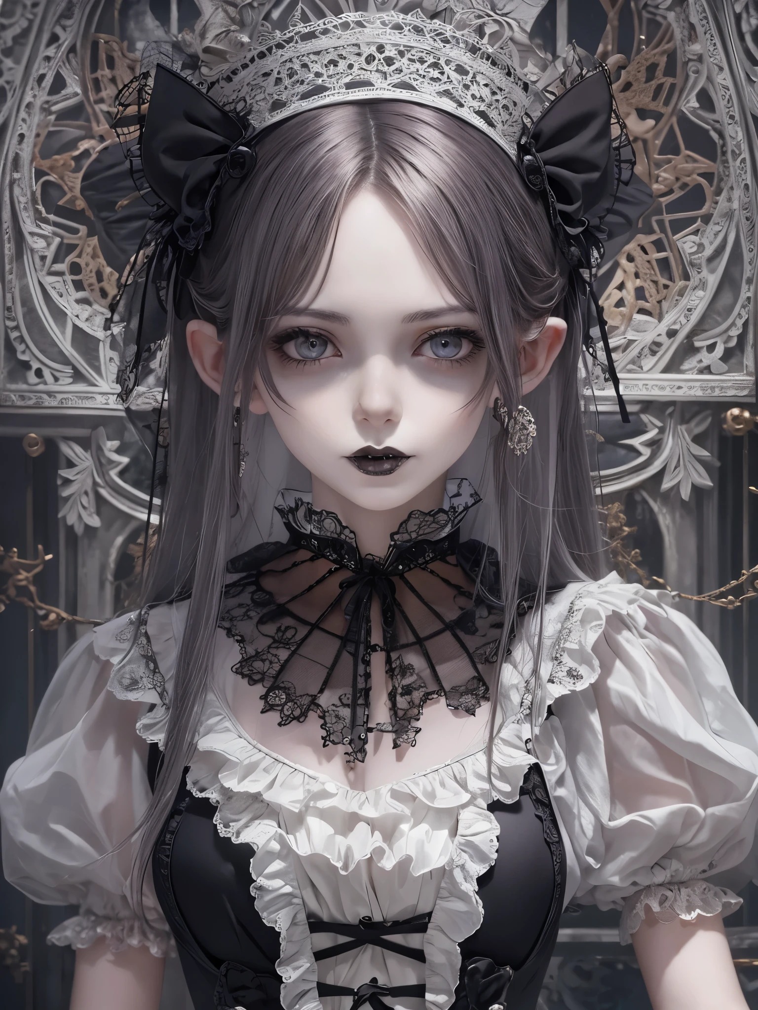 ((Highest quality)),(Ultra-high resolution),(Super detailed),(Detailed Description),((The best CG)),(masterpiece),Highly detailed art,(Art with precise detail:1.5), ((mysterious:1.7)),(Pale Skinned Maid:1.6),(Intricately detailed maid outfits:1.5),(Expressionless:1.5,Condescending Gaze:1.2), (Gothic Horror:1.7)