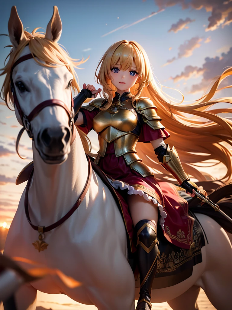 （super masterpiece）、（Excellent paintings）、（1 female）、Shoulder Armor, Arm armor, Breastplate, gauntlet,  Golden Armor，red ruffle skirt，red poncho，Show your thighs，battlefield background（burning flame），long hair（Blonde hair color），flowing hair，Metallic texture，（1 armored war horse），horse riding，girl riding on horse，Horse&#39;s legs raised，Over_shoulder, Hold the flag in your right hand（There is a phoenix pattern on it），Arms on the shoulders，(Samurai style greatsword,:1.3), Wearing a golden feather-shaped headdress，show face，Aqua blue pupils（bright colors、glow），rosy skin，rosy skin，Delicate 8k skin texture，High detail vray rendering，light passing through hair（Delicate light and shadow，Exquisite details），Vibrant colors and light and shadow，High detail background，Perfect lighting，Light tracking，HDR，8k，uhd，8K resolution，Ultimate texture，Ultimate picture quality，Ultimate light and shadow，reflection，luster，High contrast，Stunning illustrations，perfect illustration，Light chasing，atmosphere，CG，Movie，close-up（horse riding），barded_steed，