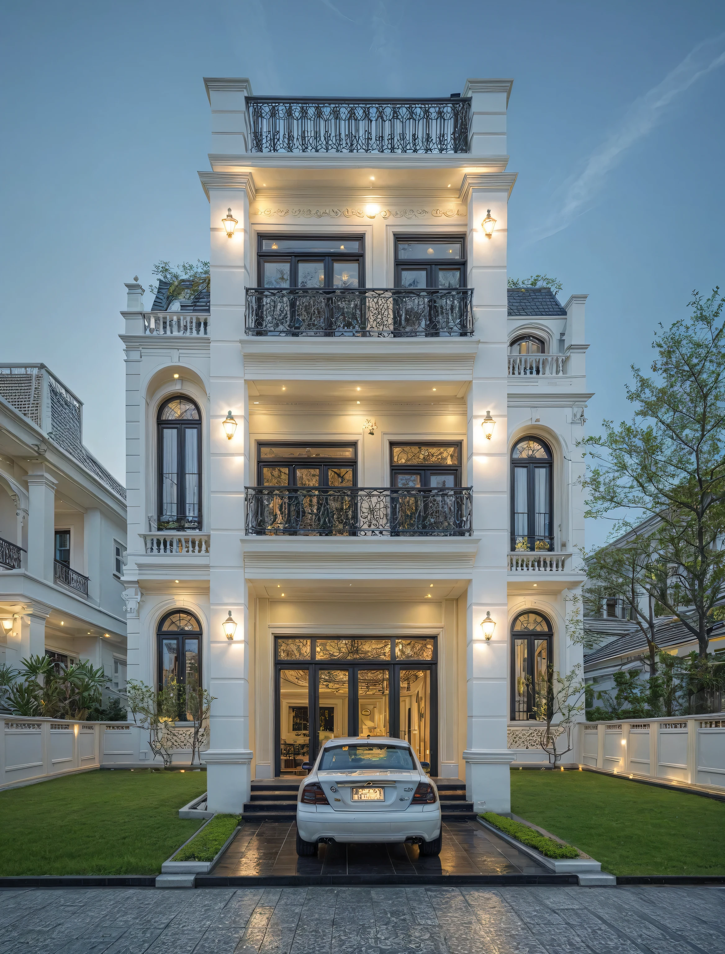 ((masterpiece)), (((best quality))), ((extremely detailed)), neo classical villa on street, white tone and dark roof, twinkle (gold detail:1.2), nightlight, Milky Way Sky