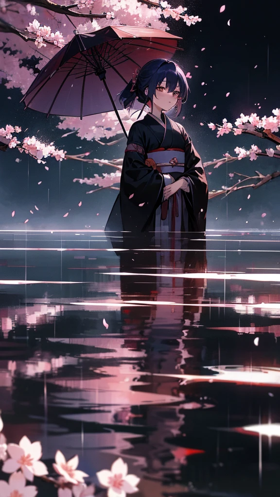 Rurouni Kenshin、Kaoru Kamiya、Black kimono、One shoulder is bare、night、moon、cherry blossoms、Fantasy、Heavy Rain、Kyoto、Pontocho、少女は悲しげにmoonを見上げている、I'm soaked by the rain、revenge、