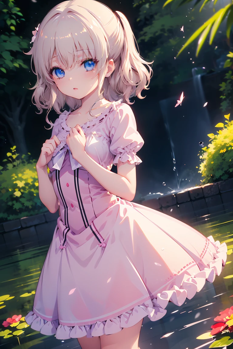 masterpiece, best quality:1.2), illustration, absurdres, highres, extremely detailed, 1 girl, white short hair, eye highlights, dress, short puffy sleeves, frills, outdoors, flower, fluttering petals, full body, depth of field,chromatic aberration abuse,pastel color, Depth of field,garden of the sun,shiny,flowers, garden, 1girl, butterfly style, butterflies, ultra detailed, glary,Light, light particles,glitter,reflect,Put one hand on your chest,C4D,3D,bright,outdoors,gifts,candys,More details,flower ocean,winter,snowflakes,splashing water,falling petals,beautiful and delicate water,((beautiful eyes)),very delicate light,perfect and delicate limbs,nature,painting,water spray,fine luminescence,very fine 8K CG wallpaper,Lavender eyes,pink pupils,whole body,bright eyes,(an extremely delicate and beautiful girl:1.4),big eyes,eye highlights,watery eyes,looking_at_viewer,outdoors,look at the screen,Touching,