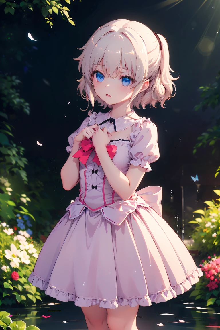 masterpiece, best quality:1.2), illustration, absurdres, highres, extremely detailed, 1 girl, white short hair, eye highlights, dress, short puffy sleeves, frills, outdoors, flower, fluttering petals, full body, depth of field,chromatic aberration abuse,pastel color, Depth of field,garden of the sun,shiny,flowers, garden, 1girl, butterfly style, butterflies, ultra detailed, glary,Light, light particles,glitter,reflect,Put one hand on your chest,C4D,3D,bright,outdoors,gifts,candys,More details,flower ocean,winter,snowflakes,splashing water,falling petals,beautiful and delicate water,((beautiful eyes)),very delicate light,perfect and delicate limbs,nature,painting,water spray,fine luminescence,very fine 8K CG wallpaper,Lavender eyes,pink pupils,whole body,bright eyes,(an extremely delicate and beautiful girl:1.4),big eyes,eye highlights,watery eyes,looking_at_viewer,outdoors,look at the screen,Touching,