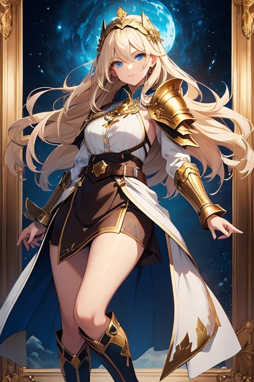 4k,hight resolution,Bright blonde hair,Bright light blue eyes,Longhaire,huge tit,valkyrie,mysterious armor,jewel decorations,Winged headgear,Excalibur,Temple in the Sky