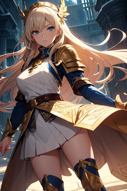 A full-body portrait of a young woman in anime style, with long, light blonde hair, framed by a white mantle adorned with golden details. She has intense blue eyes and wears a form-fitting blue armor with intricate engravings of leaves and flowers, and golden metal pieces covering her shoulders and arms. A dark brown leather belt with metallic buckles secures her armor at the waist. She wears brown leather boots, standing in a dynamic action pose. A cross-shaped pendant adorns her chest. The background features a blue sky with fluffy clouds, highlighting her majestic and noble appearance, visible from head to toe.