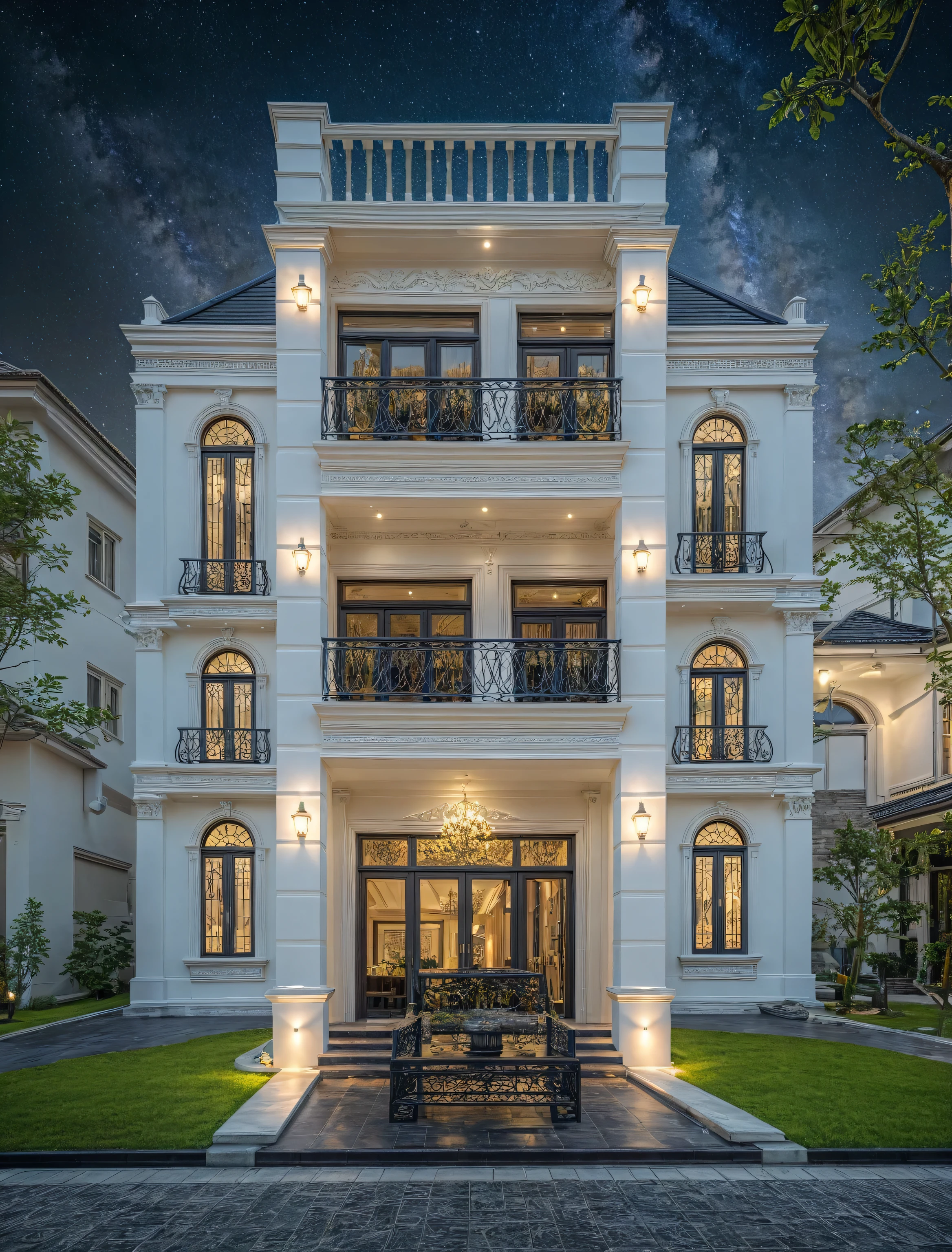 ((masterpiece)), (((best quality))), ((extremely detailed)), neo classical villa on street, white tone and dark roof, twinkle (gold detail:1.2), nightlight, Milky Way Sky