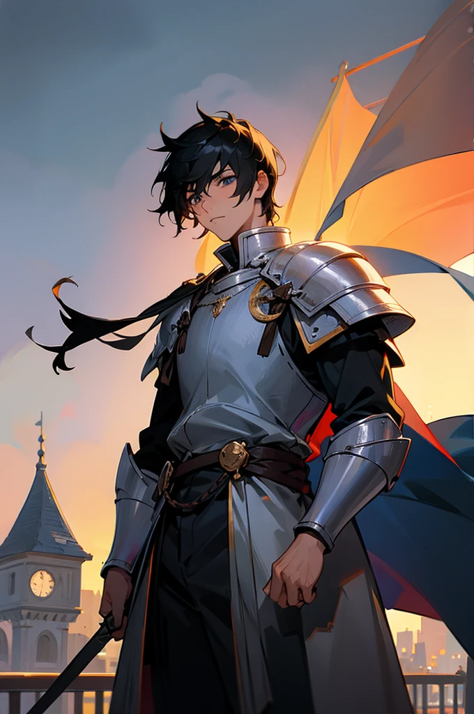 Male ,Young adult, Black Hair, Town Background, Knight