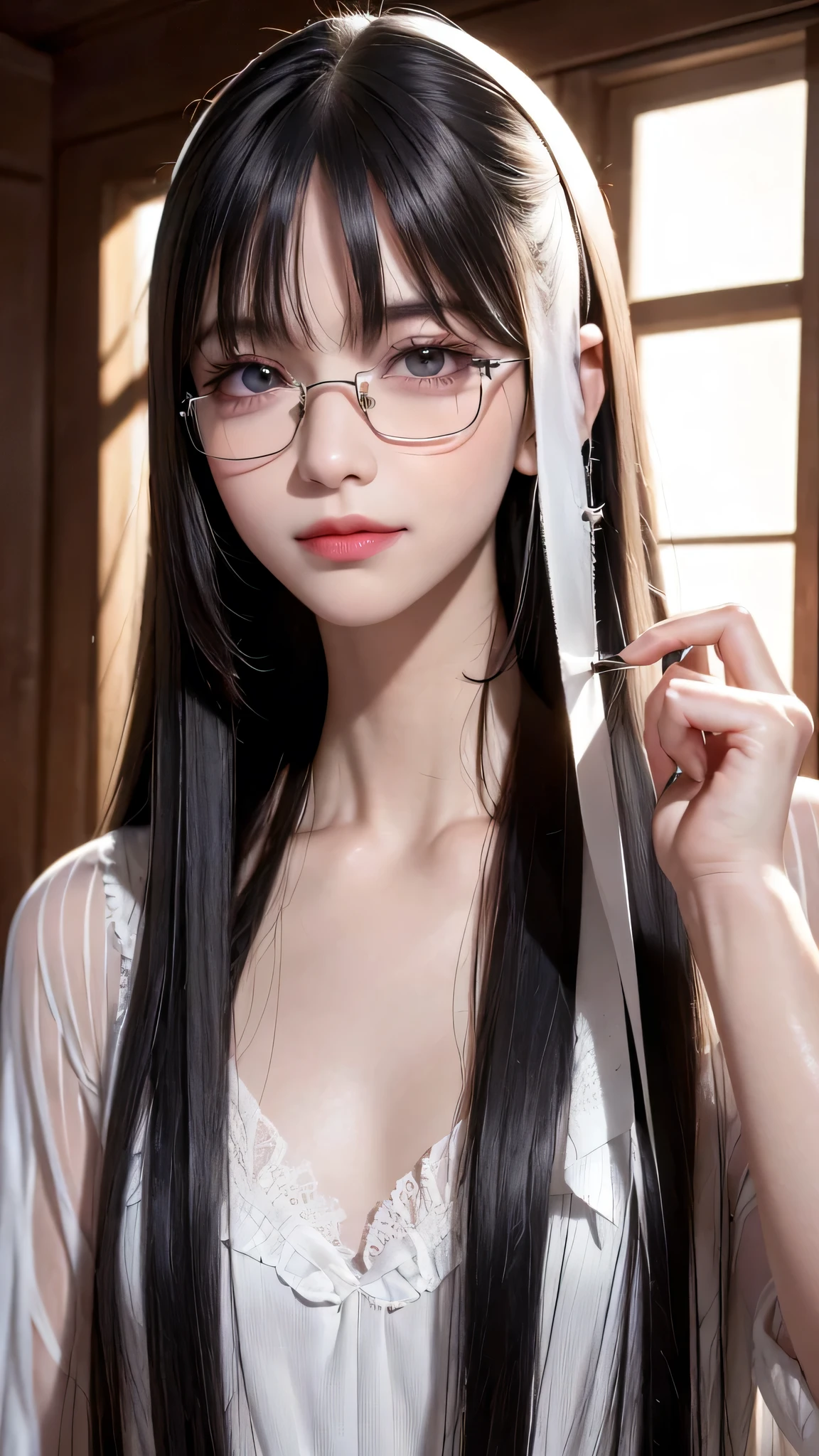 (8k, born, realistic: 1.25), ((striped white hairs)))))), (Thin lip gloss, thin eyebrows, eyelash, tear bag, sharp bangs, shiny face, shiny skin, highest quality, ultra high resolution, Depth of the bounds written, chromatic aberration, caustics, wide lighting, natural shading, K-POPアイドル) Glasses, Calm, Collect a strand of hair with your hand, long hair, smile, Small devil, inside the house