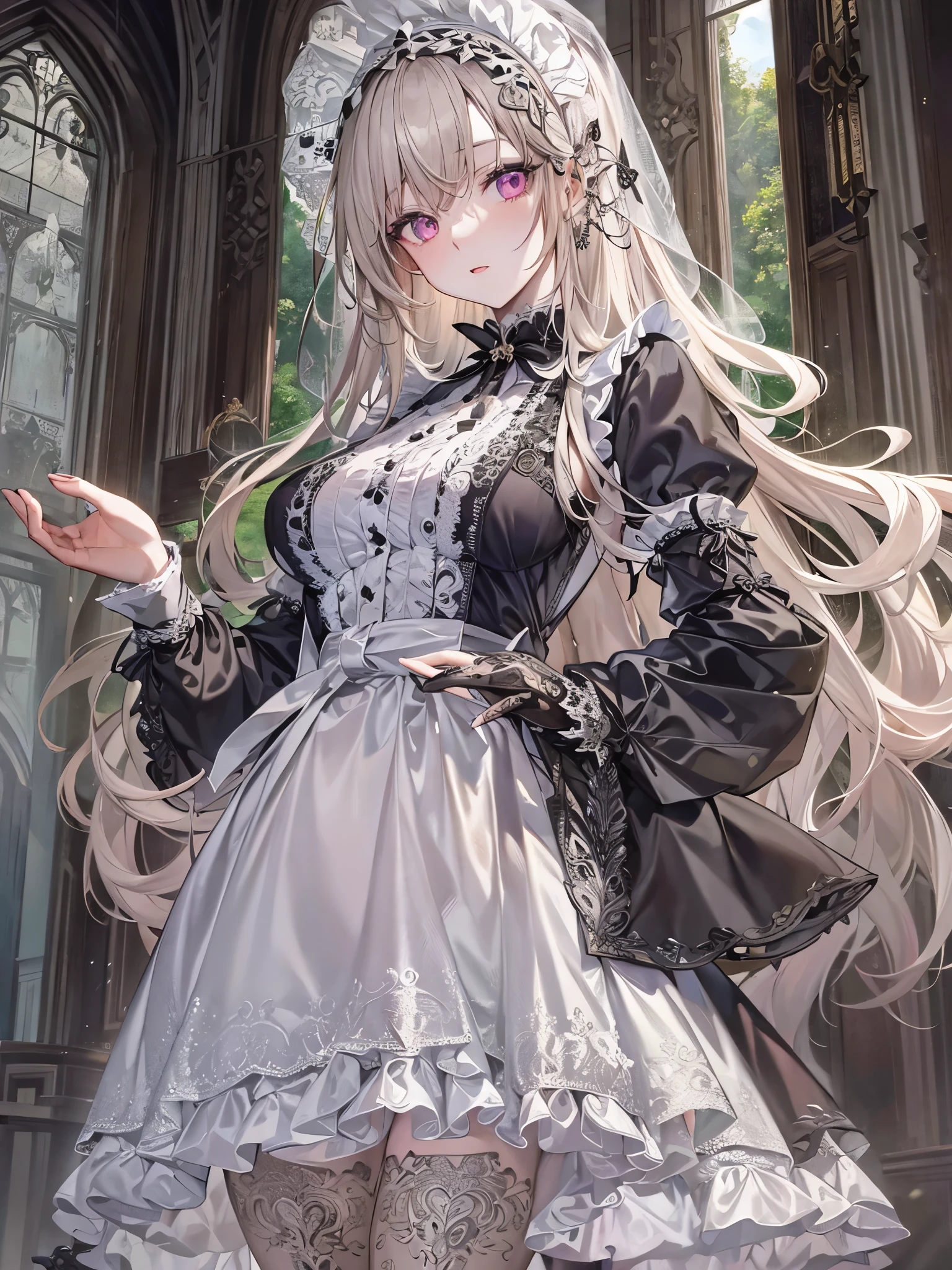 ((Highest quality)),(Ultra-high resolution),(Super detailed),(Detailed Description),((The best CG)),(masterpiece),Highly detailed art,(Art with precise detail:1.5), ((mysterious:1.7)),(Pale Skinned Maid:1.6),(Intricately detailed maid outfits:1.5),(Expressionless:1.5,Condescending Gaze:1.2), (Gothic Horror:1.7)