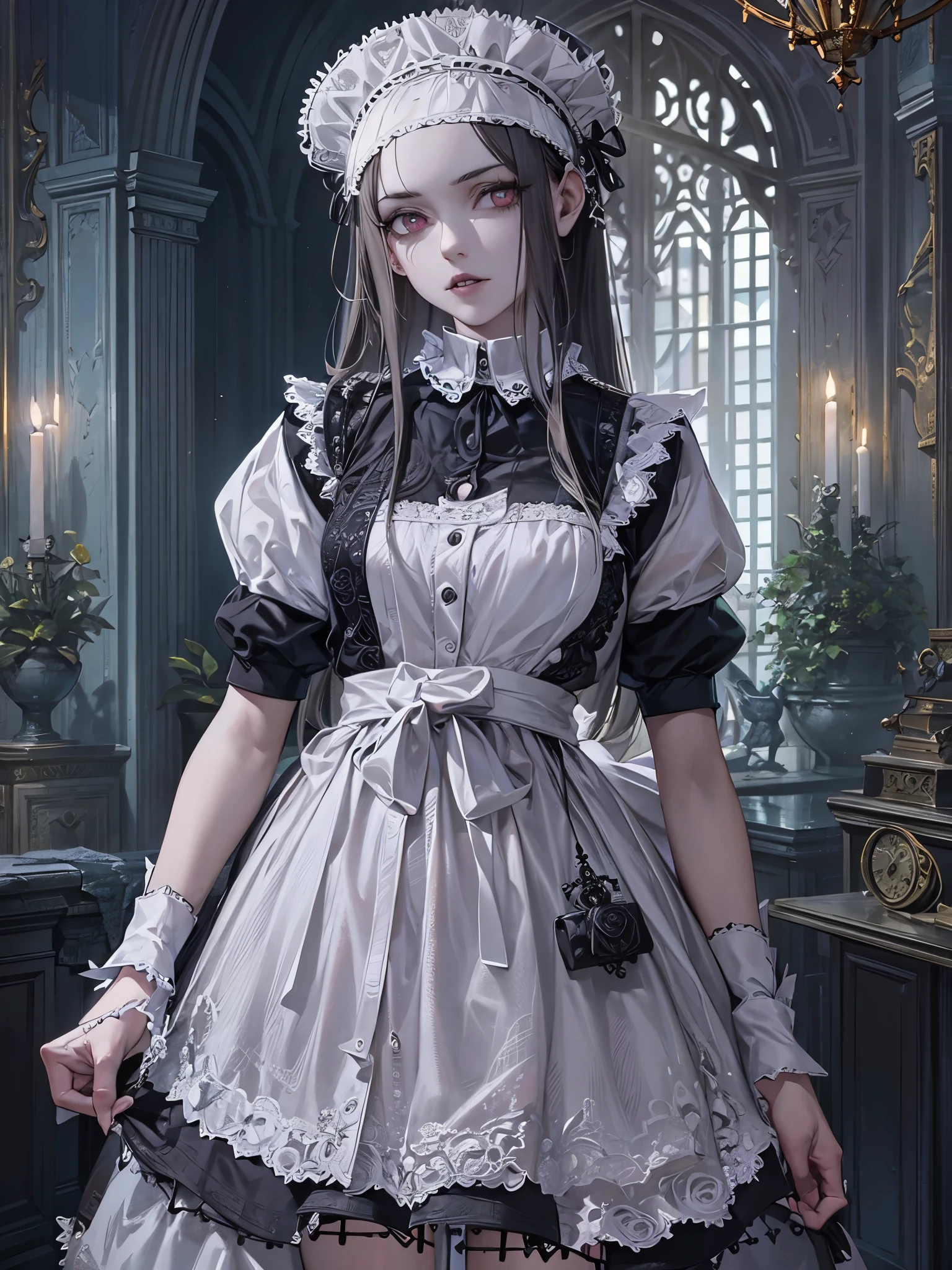 ((Highest quality)),(Ultra-high resolution),(Super detailed),(Detailed Description),((The best CG)),(masterpiece),Highly detailed art,(Art with precise detail:1.5), ((mysterious:1.7)),(Pale Skinned Maid:1.6),(Intricately detailed maid outfits:1.5),(Expressionless:1.5,Condescending Gaze:1.2), (Gothic Horror:1.7)